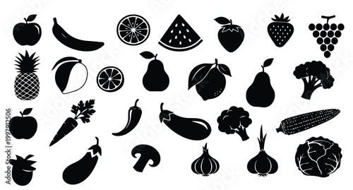 Minimalist black fruit and vegetable icons, 25 flat vector silhouettes of healthy food, organic produce symbols for grocery and menu design