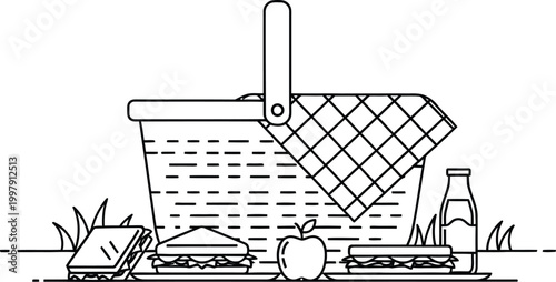 A delightful line art illustration capturing a classic picnic setup with a traditional woven basket, checkered blanket, fresh apple, and prepared sandwiches for an outdoor meal.
