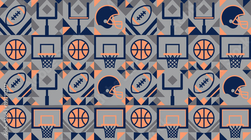 Abstract repeating basketball hoops and balls seamless pattern design for tile graphics.