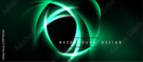 Abstract green light shapes create dynamic flow. Dark background emphasizes glowing curves, modern design element.