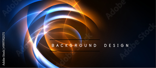 Abstract swirling lights create dynamic energy. Orange, blue hues blend, forming vortex effect. Dark background emphasizes bright illumination.