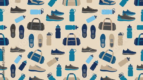 Patterned Repeat of Shoes, Bags, Bottles and Travel Accessories in a Bold Graphic Style.