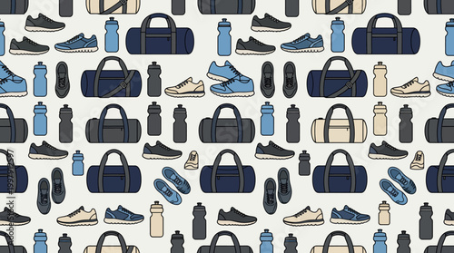 Pattern of fashion accessories including blue and beige bags and shoes.