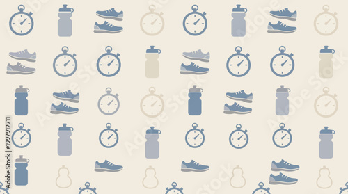 Seamless pattern of sport and travel icons including footwear, bottles, clocks, and gear.