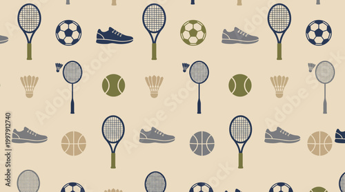 Pattern featuring multiple sports equipment and balls forming a decorative repeating design.