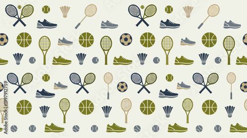 Pattern of Tennis Rackets, Balls, and Badminton Shuttlecocks in Repeating Design.