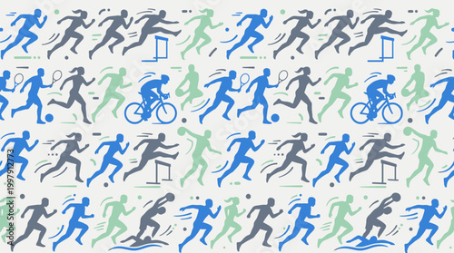Repetitive pattern of running silhouettes in blue, green, and gray across a dynamic design.