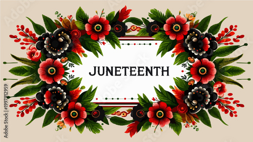 Juneteenth Celebration Floral Frame with Red, Black, and Green Flowers on Beige Background