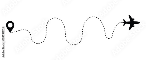 Airplane flight path doodle icon, creative dotted airline route with curved dash line path for travel navigation, vector illustration