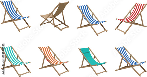 Foldable beach chair vector set featuring striped and plain deck chairs in various colors isolated on light background for summer design