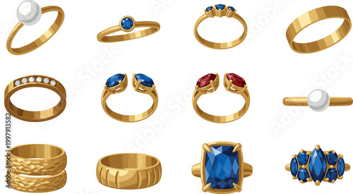 Gold ring vector set featuring gemstone diamond and wedding bands in various styles isolated on light background for jewelry design
