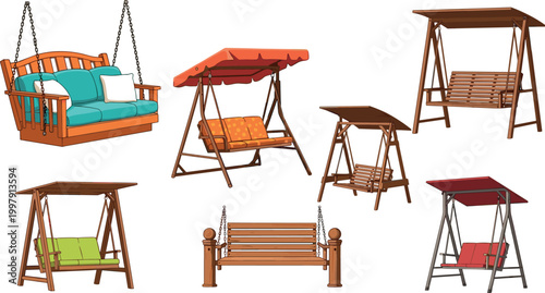 Garden swing vector set featuring wooden outdoor bench swings with canopy and cushions isolated on light background for furniture design