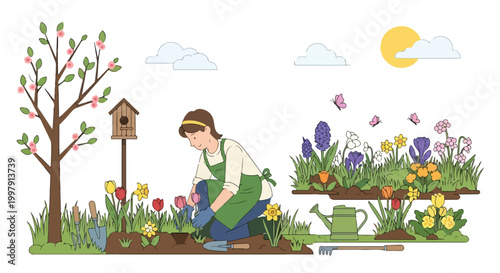 A woman tending flowers in a colorful garden with tree