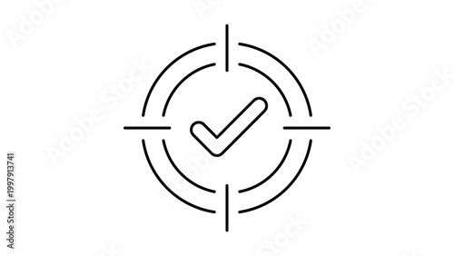 Schilderij op canvas Success Target Icon with Checkmark: Minimalist Black Line Vector Illustration with Editable Stroke, Adjustable Line Weight, Goal Achievement Symbol, Accuracy and Precision Graphic for Business