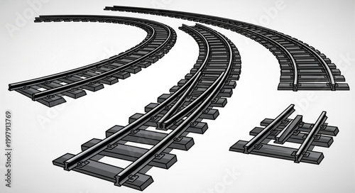 Multiple sets of railway tracks curving and straight.