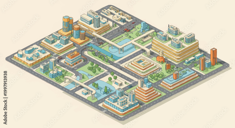 Fototapeta premium Isometric city block with buildings.