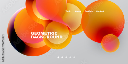 Abstract shapes, vibrant orange hues dominate design. Text elements present work, about, portfolio, contact options. Minimalist aesthetic.