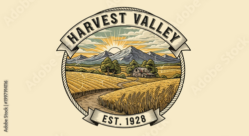 Vintage Harvest Valley Emblem Est 1928 Rural Landscape Illustration