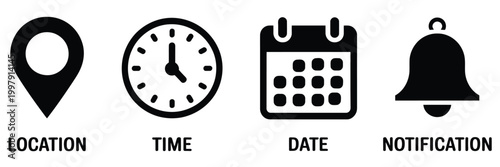 Date time address and notification icon set calendar address location pointer and alarm bell icons notice alert notification schedule time clock icons, appointment management and productivity reminder