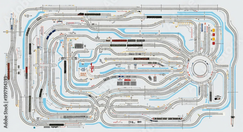 Detailed Model Train Layout with Many Tracks and Switches.