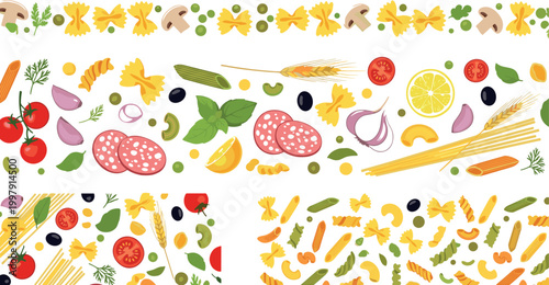 Italian food pattern with pasta vegetables herbs and ingredients seamless background for cooking cuisine design illustration set