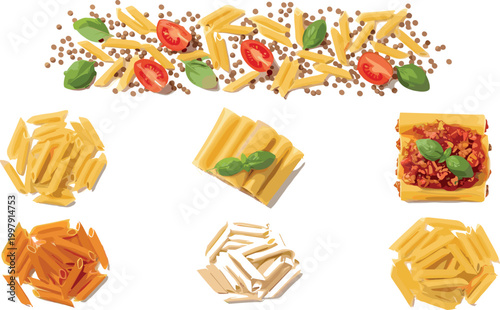 Italian pasta varieties set with penne rigatoni and fusilli served with tomato basil and sauce ingredients illustration collection