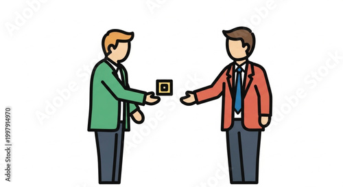 Two businessmen exchanging a small square object with a symbol.