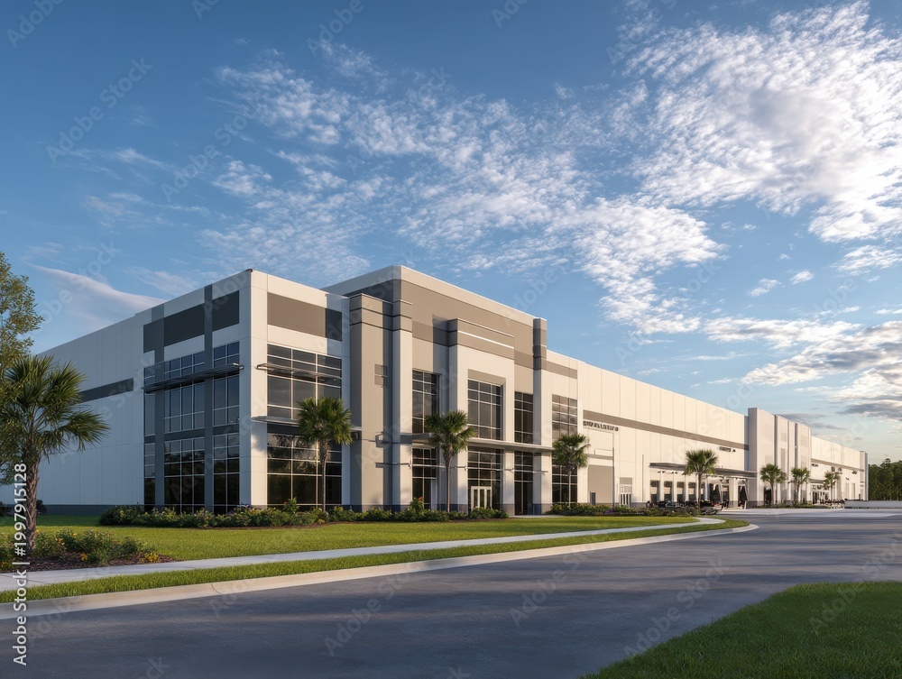 Obraz premium Modern industrial warehouse building with glass facade under blue sky and clouds