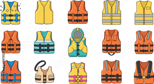 Life jacket and safety vest collection with various flotation vests and reflective workwear protective gear illustration set