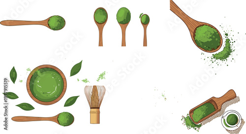Matcha powder vector set featuring green tea in spoon bowl and whisk isolated on light background for organic beverage design