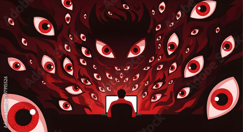 Abstract Fear Concept with Watching Eyes Digital Anxiety