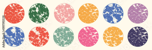 Grunge Linocut Circle Collection, Aged Distressed Hand Printed Round Shapes with Rough Scuffed Textures, Retro Label Stamp Badges and Text Box Template Elements Vector