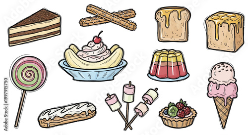 A vibrant collection of various sweet desserts and treats, including cake, ice cream, and candy, arranged in a visually appealing display.