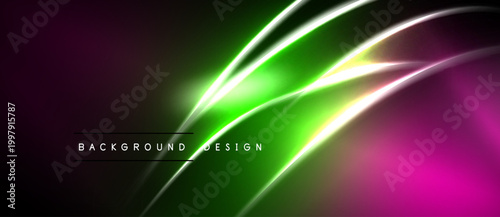 Abstract neon lines create vibrant gradient. Pink, green hues dominate dark background. Modern design element for digital projects.