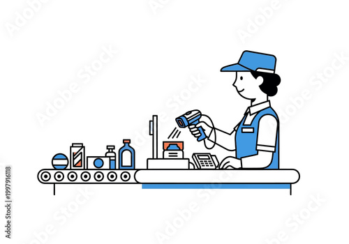 Retail worker scans products on a conveyor belt at a checkout station