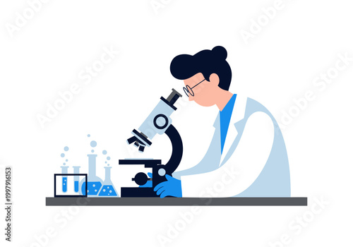 Scientist using a microscope near bubbling lab glassware on a table