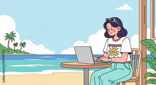 cute woman working on laptop at beach cafe illustration 