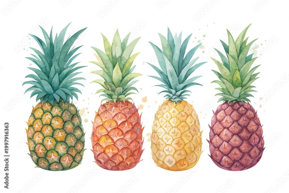 Fototapeta premium set of Watercolor Pineapple Fruit Icon, Tropical Summer Clipart, vector illustration Isolated on White background