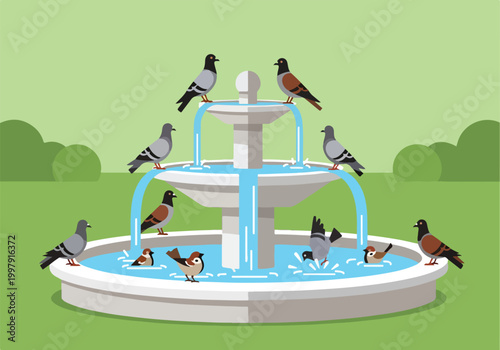 Canvas Print A colorful illustration of a fountain with birds