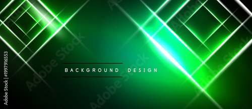Dark green background features bright neon lines forming geometric patterns. Center glows intensely, creating futuristic effect.