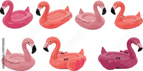 Realistic flamingo pool float set with inflatable swim rings in pink shades for summer beach vacation illustration collection