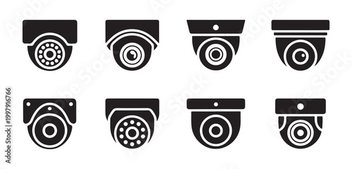 Set of security surveillance camera icons, vector illustration of CCTV equipment for monitoring and protection