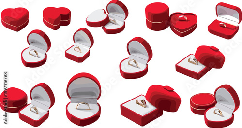 Red jewelry box vector set featuring heart shaped and classic ring boxes isolated on light background for wedding and romantic design