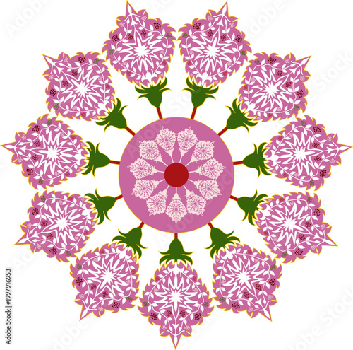 Abstract flowers and unusual elements in the oriental style are arranged in a circle for postcards, websites, for printing on clothes, as stickers.
