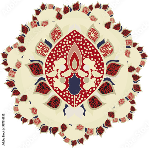 Abstract flowers and leaves, unusual elements in the oriental style are arranged in a circle for postcards, websites, for printing on clothes, as stickers.
