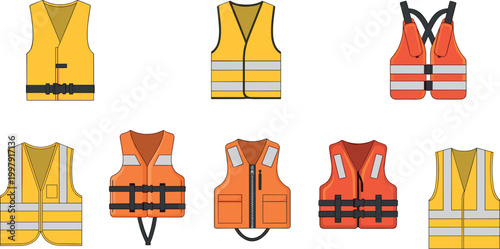 Safety vest collection with reflective workwear life jackets and high visibility protective clothing vector illustration set isolated
