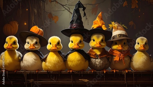 A group of adorable ducks wearing Halloween costumes
