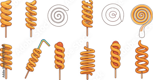 Spiral potato vector collection featuring twisted fried snacks on sticks isolated on light background for street food and fast food design