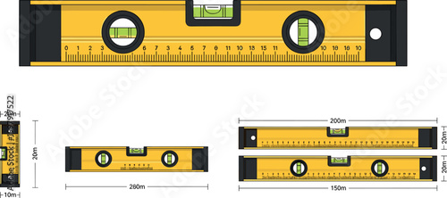 Spirit level tool vector set featuring measuring ruler with bubble indicators and dimensions isolated on light background for construction design