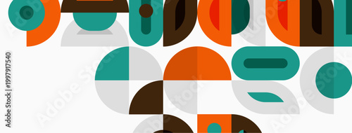 Abstract geometric shapes overlap, creating colorful midcentury modern pattern. Teal, orange, brown hues dominate composition.